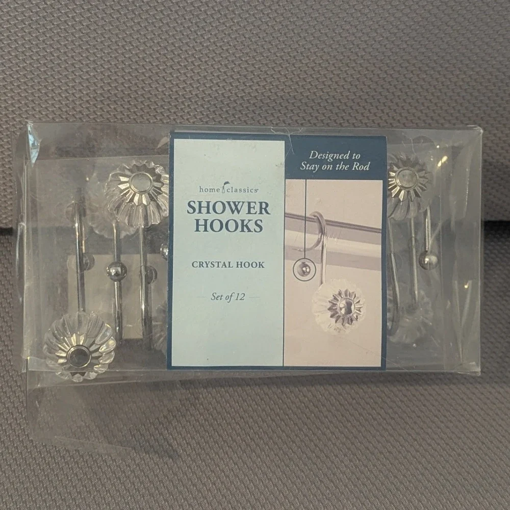 New Home Classics Crystal Shower Hooks Set of 12 Clear Floral Silver Tone